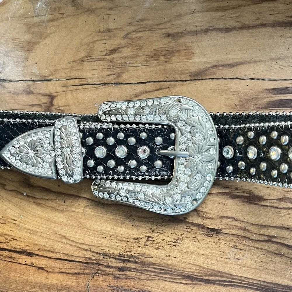 B.B. Simon Leather Belt  Black Crystal Leather 34 XL  Western Festival Rhineston